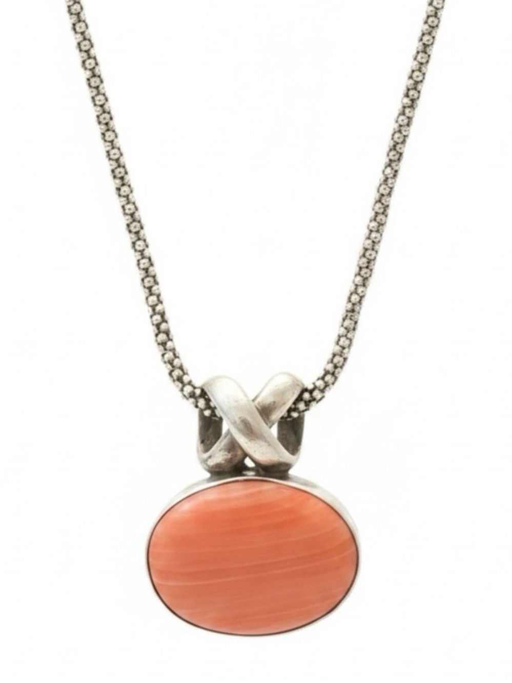 925 Oval Pink Coral Stone Pendant Necklace 18”